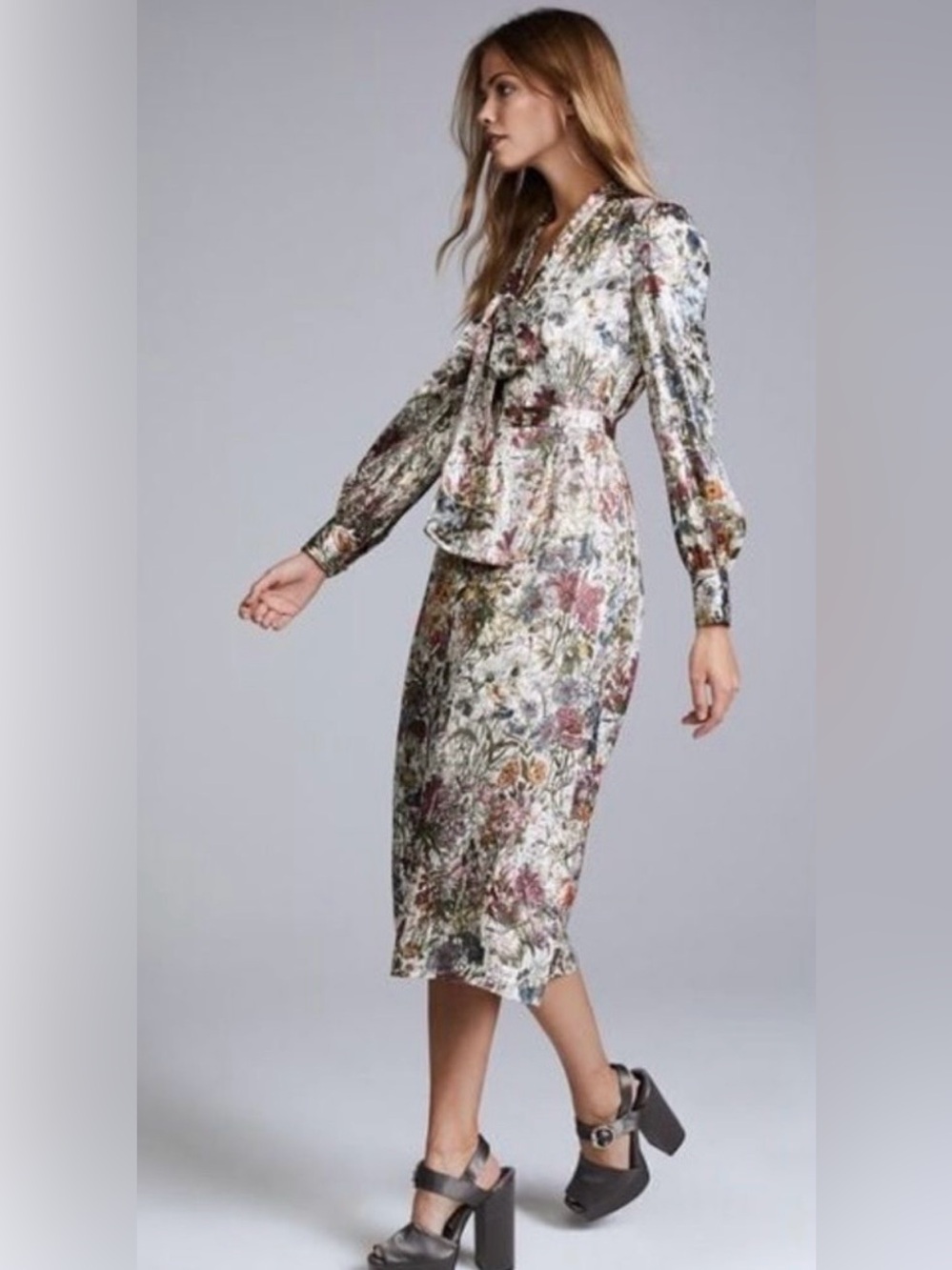 Tory Burch "Vanessa" silk midi dress size 8 floral metallic